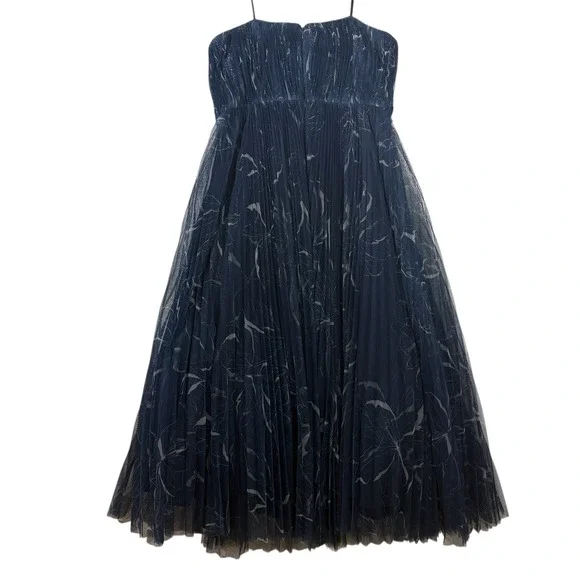 Hutch Corene Strapless Floral Tulle A-Line Midi Dress 14W Navy Pleated